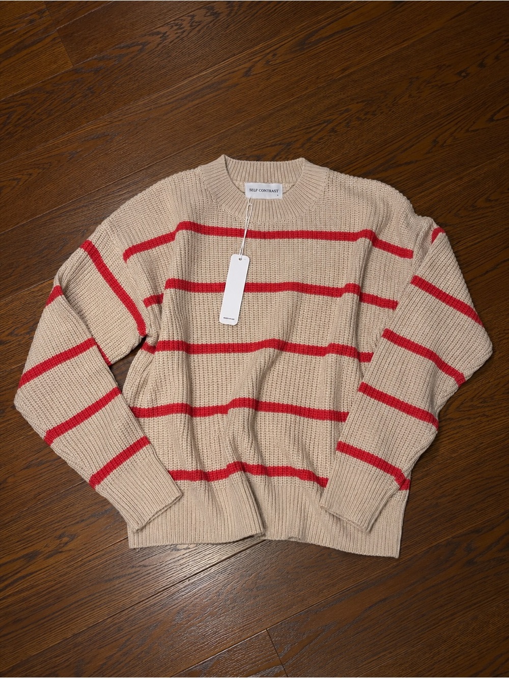 Self Contrast Beige Knit Sweater with Red Stripes Sz S